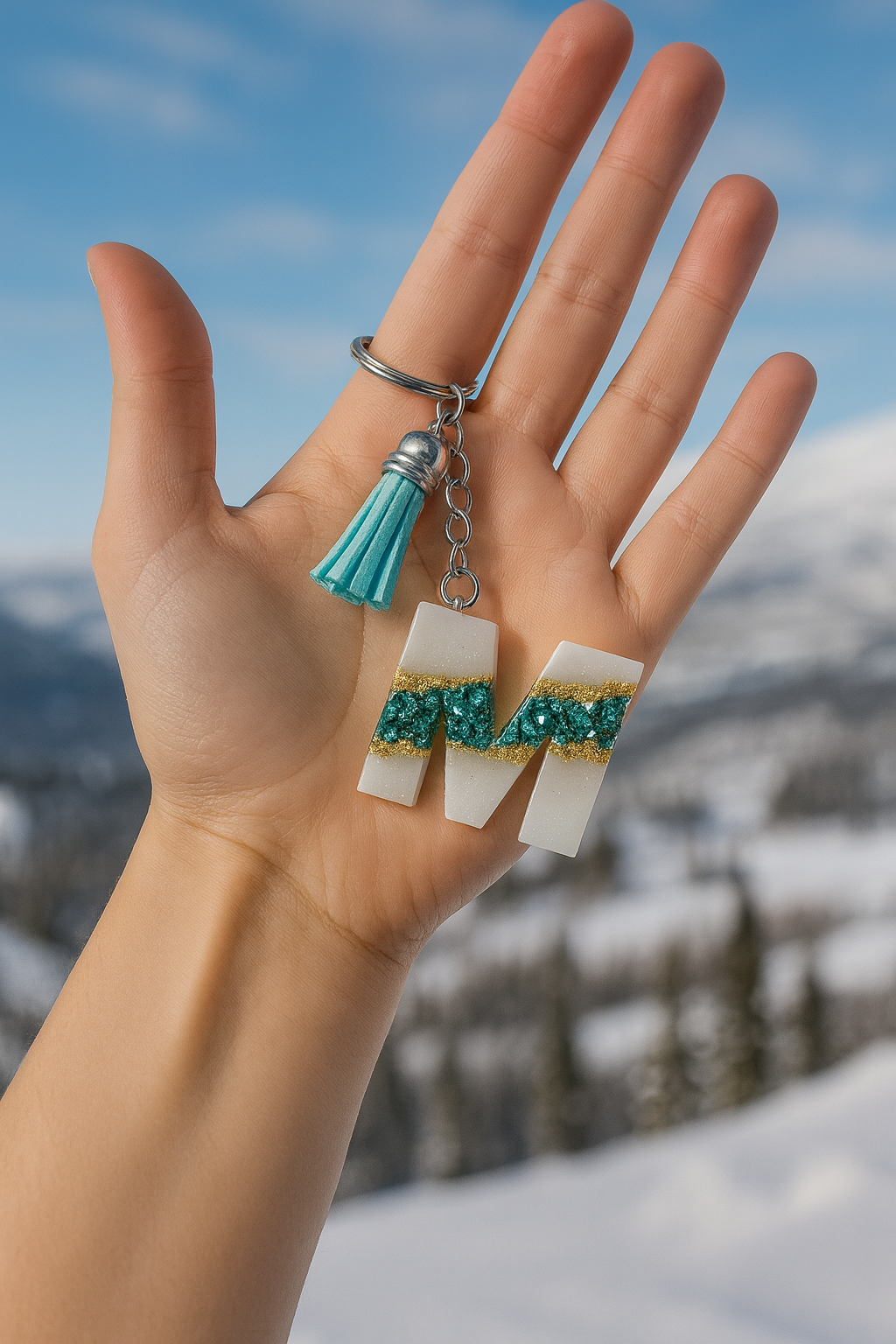 Porte-clés lettre pierres bleu et feuille d'or - Bougie d'Ève